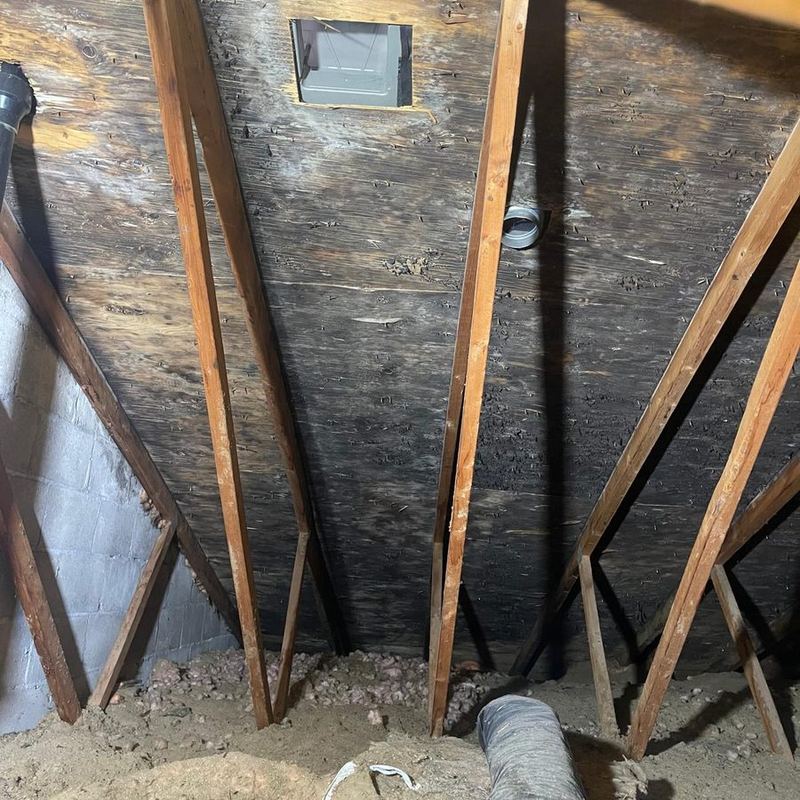 Attic with blackened sheathing, old flexible duct and disturbed loose-fill insulation